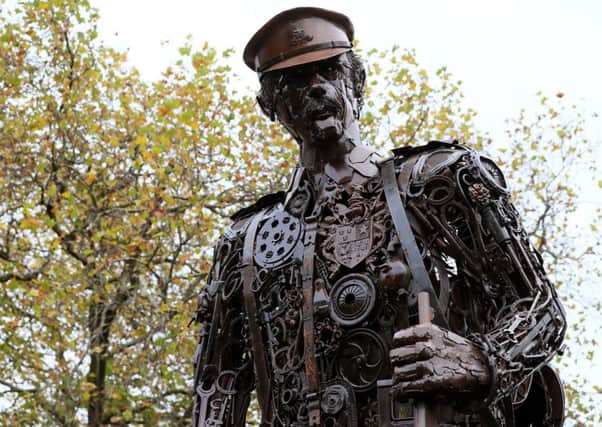 'The Haunting', a six-metre high sculpture depicting a weary First World War soldier, on display in St. Stephen's Green, Dublin, after it's official unveiling to commemorate the centenary of the ending of World War I. Photo: Brian Lawless/PA Wire