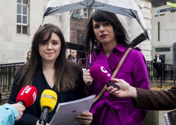 Solicitor Jemma Conlon (left) and Amnesty International Northern Ireland campaign manager, Grainne Teggart, speak to the media outside Belfast Crown Court ahead of a legal challenge against a decision to prosecute a mother who obtained abortion pills for her teenage daughter. Pic: Liam McBurney/PA Wire