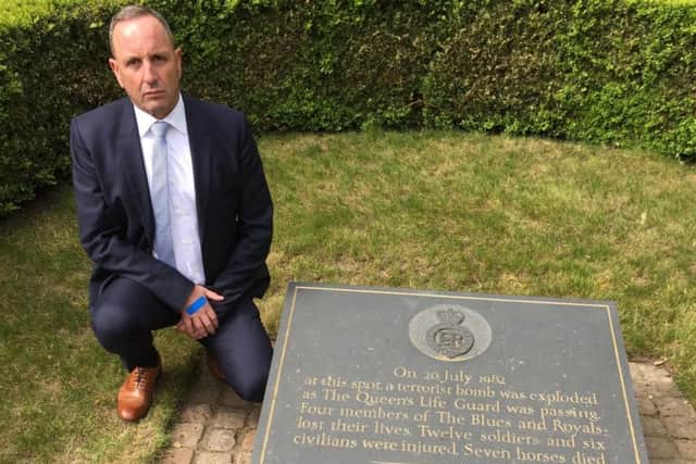 Mark Tipper of the Hyde Park Justice campaign at the memorial to his brother Simon and other soldiers who were killed in the 1982 IRA bomb attack in London.