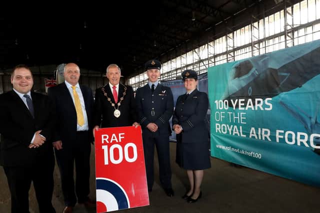 Promoting the100th Anniversary of the Formation of the RAF  with the Mayor, Cllr Uel Mackin are Cllr Nathan Anderson, Chairman of the Council's Corporate Services Committee; Alderman James Tinsley, the Council's Veterans Champion; Flt Lt Lee Webster, RAF 100 NI Project Officer and Flt Lt Nicola Wilson, RAF Air Cadet.