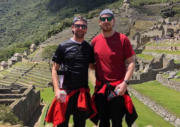 Greg McCormick (right) and Adam Montgomery on their Machu Picchu trek in memory of Adam's brother, Aaron.
