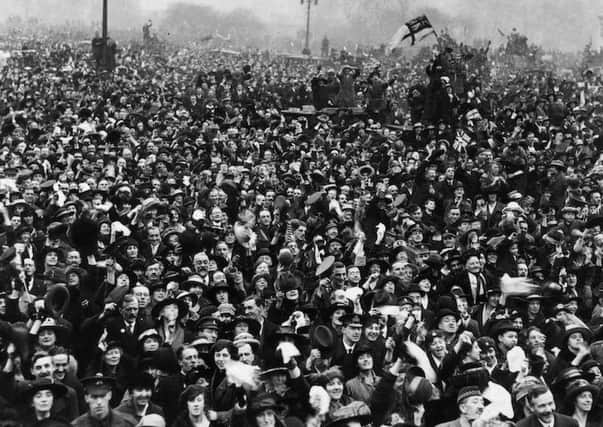 Jubilant crowds gathered at the front of Buckingham Palace in London as news of the Armistice spread on November 11, 1918. The scene was replicated in towns and cities across Great Britain and Ireland  including Dublin where a News Letter correspondent reported exhibitions of loyalty and good feeling