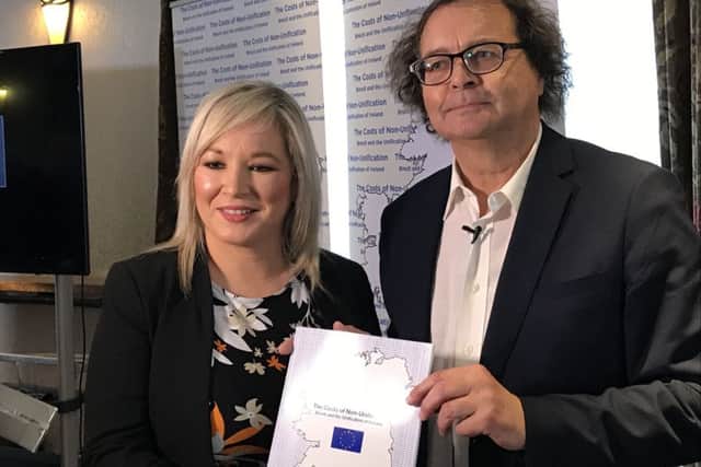 Sinn Fein Vice President Michelle OÃ•Neill with report author Kurt Hubner at the launch of the Costs of Non-Unification - Brexit and the Unification of Ireland report at Europa Hotel in Belfast on Wednesday morning
