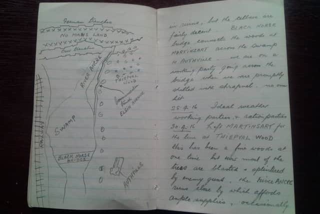 A section of the diary showing an annotated map of the Somme