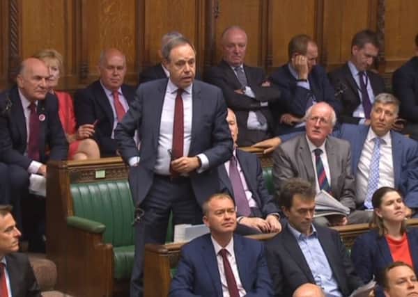 Nigel Dodds MP speaking in the House of Commons last year. He is confident that if the prime minister is indeed going to fold fully on the backstop, with the ultimate impact of an Irish Sea border, the government will not get such a Brexit deal through the House of Commons