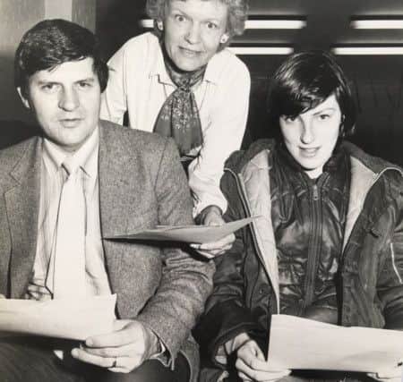 Pat with the winners of a motorcycle safety quiz in Glengormley in 1982.