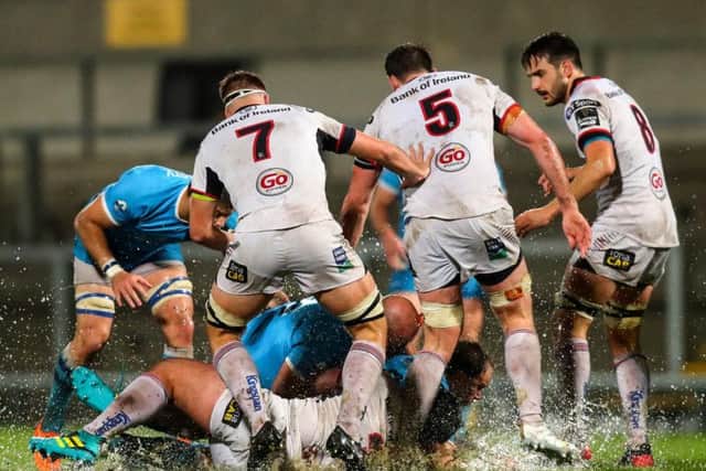 Conditions were wet underfoot for Ulster v Uruguay on Friday night