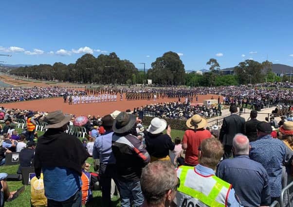 Photo of the Australian War Memorial, of crowds at Armistice centenary commemorations in Canberra