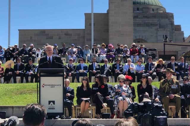 Prime Minister Scott Morrison speaking at Armistice centenary commemorations in Canberra