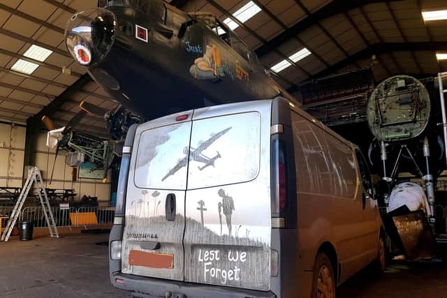 Undated handout photo issued by Shaun Harvey, a 34-year-old gardener from New York, Lincolnshire, who created the Remembrance Day artwork on a van using his finger and brushes