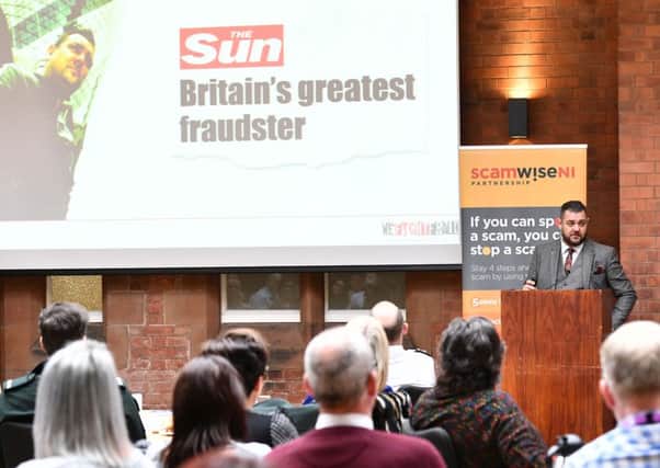 One of the UK's most renowned scammers Tony Sales during a ScamwiseNI event at Riddell Hall in Belfast on Monday.