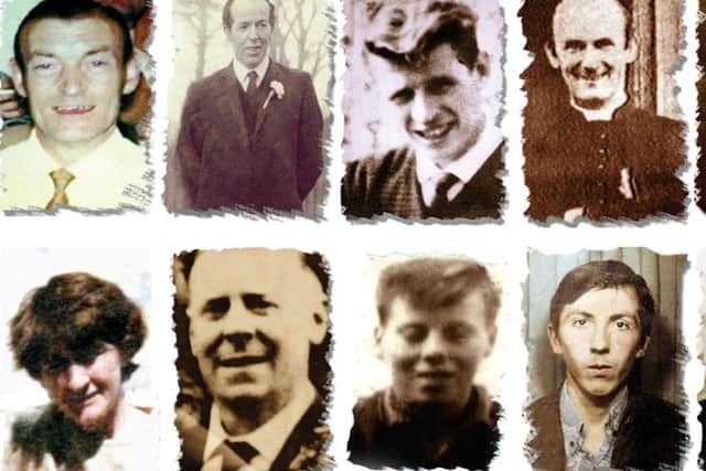 Undated Ballymurphy Massacre Committee handout file photos of (left to right top row) Joseph Corr, Danny Taggart, Eddie Doherty, Father Hugh Mullan, Frank Quinn, Paddy McCarthy, (left to right, bottom row) Joan Connolly, John McKerr, Noel Philips, John Laverty and Joseph Murphy, who were all gunshot victims of the Ballymurphy massacre in west Belfast in 1971.