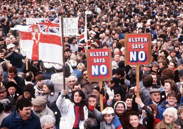 Mass protests in 1986 over the Anglo Irish Agreement, struck by Margaret Thatcher the previous year, and widely regarded by unionists as a sell-out