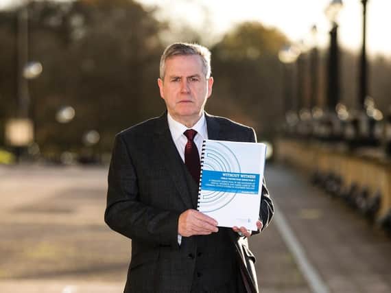 Chief inspector Brendan McGuigan delivering his report, 'Without Witness", to Stormont Buildings. The report deals with how the justice system in Northern Ireland handles sex crimes