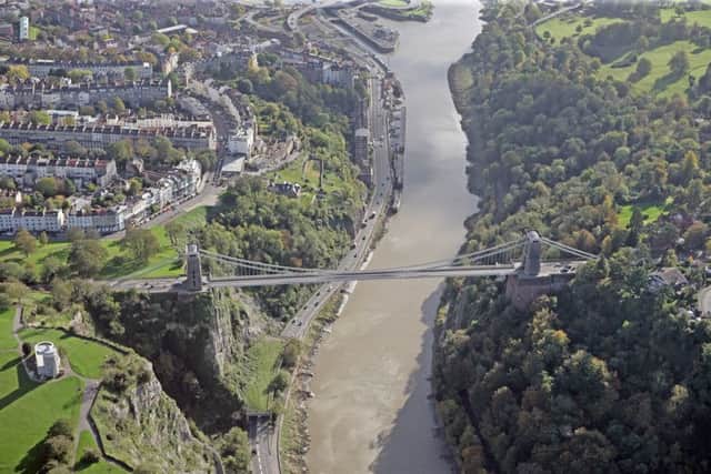 An aerial view of the Clifton Suspension Bridge, which spans the Avon Gorge and the River Avon.