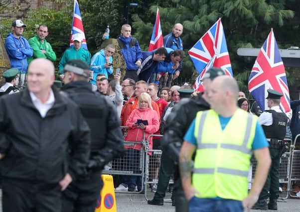 North Belfast, 2016: Loyalist protestors at a parade by the Henry Joy McCracken republican band, named for the Protestant leader of the 1798 rebellion