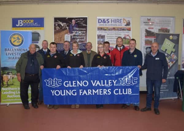 Members of Gleno Valley YFC pictured with show and sale sponsors