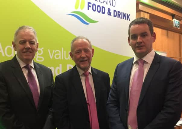 NIFDA chair Brian Irwin, centre, pictured at the annual dinner at the Hilton with Shaun McAnee, MD of corporate and business banking at Danske Bank, left, and John Paul Scally, MD of Lidl Ireland