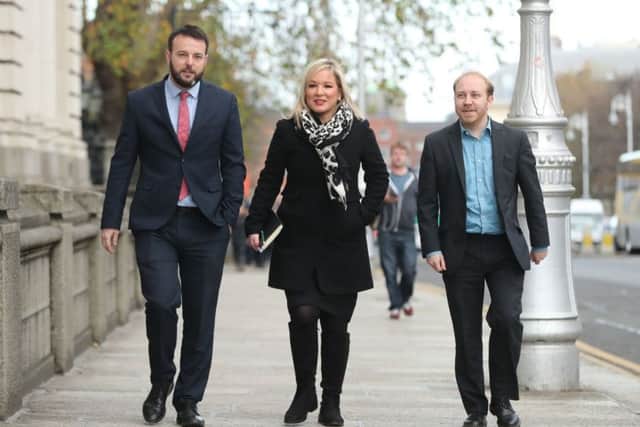 (left to right) SDLP Leader Colm Eastwood, Sinn Fein Deputy Leader Michelle O'Neill and Northern Ireland Green Party Leader Steven Agnew, arrive for a Brexit briefing with Taoiseach Leo Varadkar at Government Buildings in Dublin. Photo credit: Niall Carson/PA Wire
