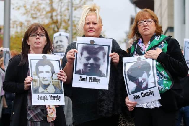 Inquests into the deaths of 11 people in August 1971 who were shot dead in the Ballymurphy area of west Belfast.  

Families members pictured outside the court in Belfast, from left to right: Janet Donnelly daughter
of Joseph Murphy, Marianne Phillips niece of Noel Phillips family and Briege Voyle daughter of Joan Connolly who gave statements of behalf of their families in court. 

Janet Donnelly daughter
Joseph Murphy family
. 
Picture by Jonathan Porter/PressEye