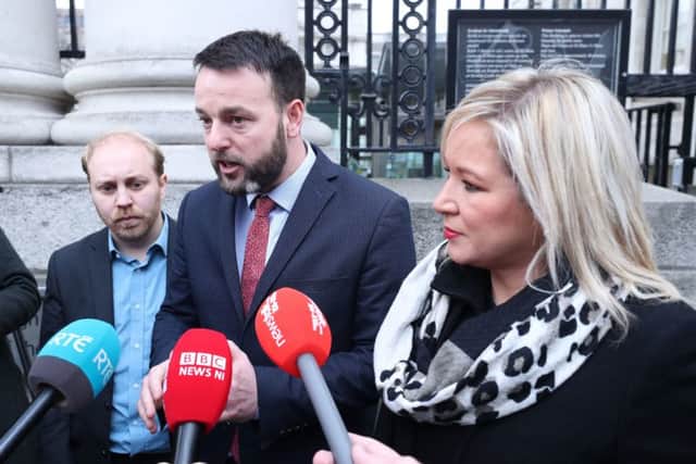 (left to right) Northern Ireland Green Party Leader Steven Agnew, SDLP Leader Colm Eastwood and Sinn Fein Deputy Leader Michelle O'Neill leaving Government Buildings in Dublin, following a Brexit briefing with Taoiseach Leo Varadkar. PRESS ASSOCIATION Photo. Picture date: Thursday November 15, 2018. See PA story POLITICS Brexit Ulster. Photo credit should read: Niall Carson/PA Wire