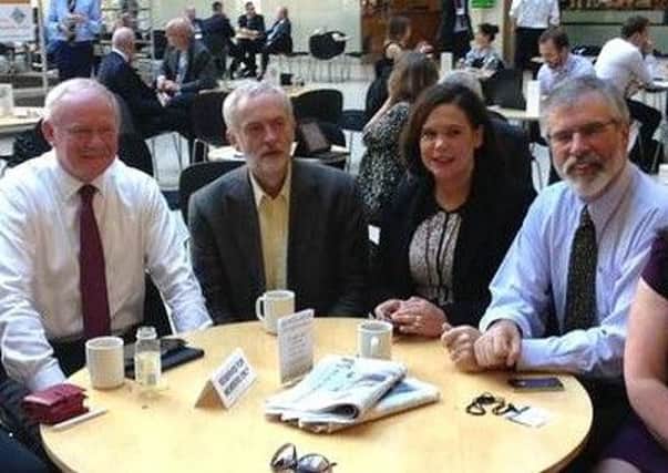 The ex-chair of the Conservatives has warned of the economic and constitutional fall-out of a chaotic Brexit, particularly the possibility of No10 being taken by Jeremy Corbyn, pictured here in Parliaments Portcullis House in 2015 alongside Martin McGuinness, Mary Lou McDonald, and Gerry Adams