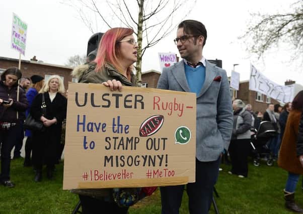 A rally in April calling for Ulster Rugby to address the behaviour of players.
The demonstration, entitled 'Stamp out Misogyny at Ulster Rugby', had been organised by Belfast Feminist Network.
Picture By: Arthur Allison/Pacemaker Press