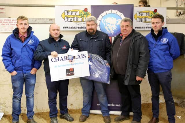 Alan Burleigh (judge) with Brendan Reavey (SAFE) Co Armagh sponsor, James and Kieran Rice, Co Armagh, and Kevin Reavey (judge).