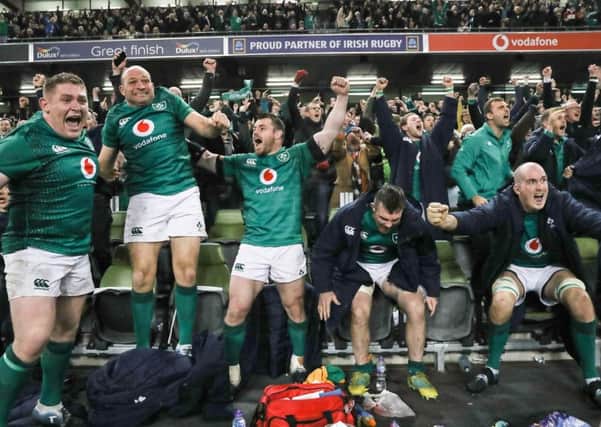s
Ireland's Tadhg Furlong, Rory Best, Cian Healy, Peter O'Mahony and Devin Toner celebrate winning