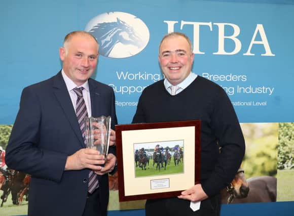 Down Royal Sat 3 November 2018
ITBA Northern Region Breeding and Racing Awards
Colin Kennedy accepting Leading 2-Y-0 award for Danzan from Ted Walsh, Jnr
Photo.carolinenorris.ie