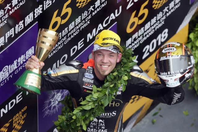 Peter Hickman celebrates his victory in the Macau Grand Prix on Saturday.