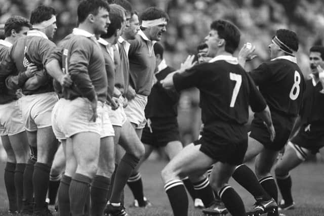 Irish captain Willie Anderson (centre in headband) faces up to New Zealand captain Wayne Shelford as the All Blacks performed the Haka in 1989