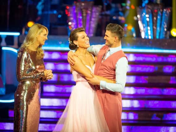 BBC handout photo of Tess Daly (left) during the results show with Kate Silverton and dance partner Aljaz Skorjanec who are the latest couple to leave Strictly Come Dancing.
