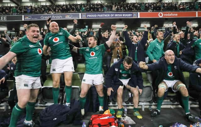 Ireland's Tadhg Furlong, Rory Best, Cian Healy, Peter O'Mahony and Devin Toner celebrate winning Mandatory Credit Â©INPHO/Billy Stickland