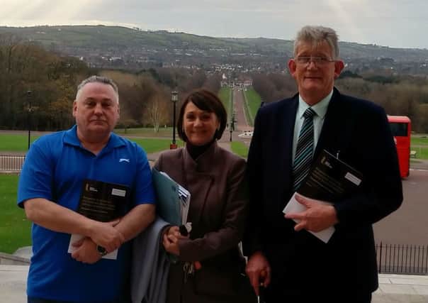 John Heaney (left) and Jon McCourt of the Survivors North West victims group with Professor Patricia Lundy of Ulster University, who is supporting victims' groups, at Stormont after the launch of the consultation