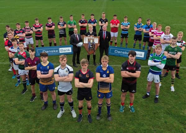 At the launch of the 2018/19 Danske Bank Ulster Schools' Cup are the 1st XV captains of the participating teams along with Richard Caldwell, Managing Director of Personal Banking and Small Business at Danske Bank, Rex Tinsley, captain of reigning champions Campbell College and Stephen Elliott, IRFU Ulster Branch President.