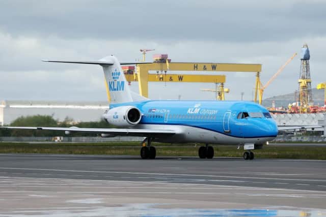 The first plane from French-Dutch airline KLM to arrive at Belfast City Airport, May 18, 2015. The authors question if economies like France are really prepared to hurt their own tourist industries and more by taking a tough stance with the UK.