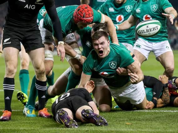 Jacob Stockdale reacts after scoring a try for Ireland against the All Blacks