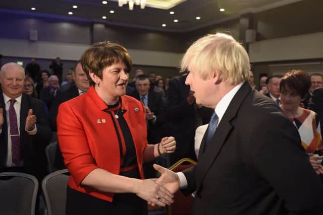 Boris Johnson and DUP Party leader Arlene Foster during the DUP annual conference at the Crown Plaza Hotel in Belfast. PRESS ASSOCIATION Photo. Picture date: Saturday November 24, 2018. See PA story POLITICS DUP. Photo credit should read: Michael Cooper/PA Wire