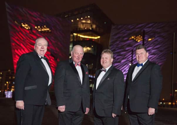 Senior Orangemen at Titanic Belfast (from left) Mervyn Gibson, grand secretary; Edward Stevenson, grand master; Harold Henning, deputy grand master; and Brian Dorrian, grand treasurer