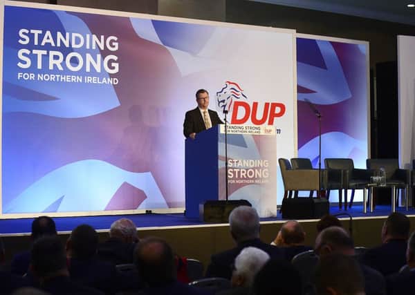Jeffrey Donaldson MP speaking about legacy and defence at the 2018 DUP conference at the Crowne Plaza hotel in Belfast. 
Picture: Arthur Allison/Pacemaker Press