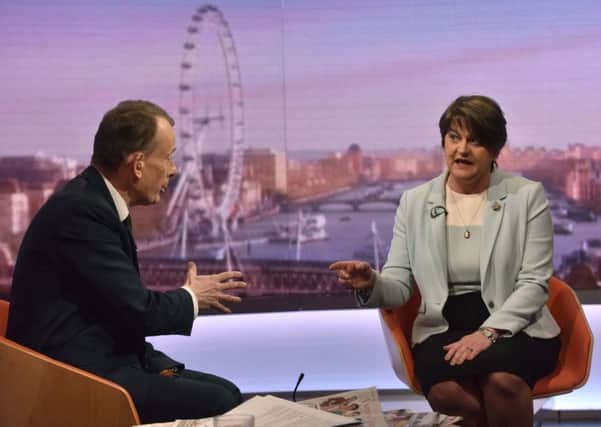 DUP leader Arlene Foster, with host Andrew Marr,  appearing on the BBC1 currant affairs programme, The Andrew Marr Show on Sunday November 25, 2018. Foster has called for a Brexit "third way", insisting the choice is not between the current draft agreement and no deal. Photo: Jeff Overs/BBC/PA Wire