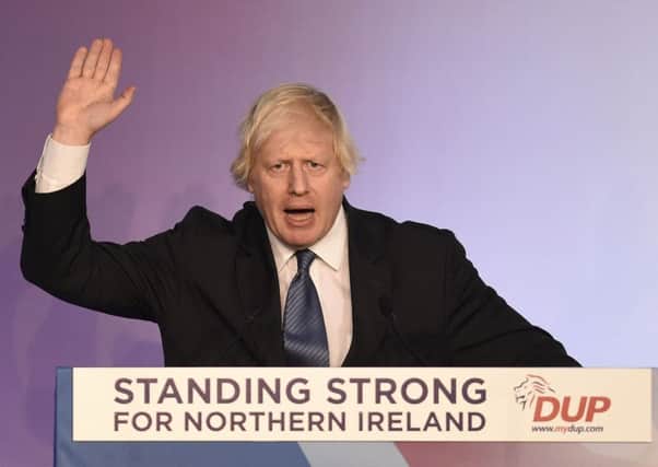 Boris Johnson speaking during the DUP annual conference at the Crown Plaza Hotel in Belfast.