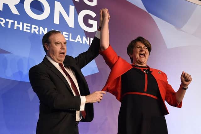 Deputy Leader Nigel Dodds and Party leader Arlene Foster during the DUP annual conference at the Crown Plaza Hotel in Belfast