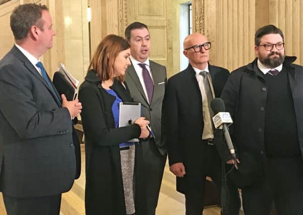 Manufacturing NI CEO Stephen Kelly, left, with Angela Magowan CBI NI director, Glyn Roberts Retail NI CEO, Hospitality NI CEO, Colin Neill and Aodhan Connolly NIRC director pictured during their visit to Stormont