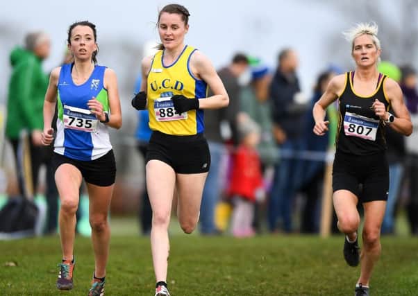Ciara Mageean of UCD A.C., centre, on her way to winning the Senior Women 8000m from second placed Ann-Marie McGlynn of Letterkenny A.C., right, and third placed Fionnuala Ross of Armagh A.C.