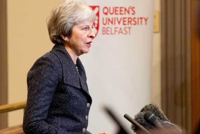 Theresa May speaking during her visit to Queen's University. She was in Northern Ireland to sell her Brexit deal. The News Letter asked her questions about the controversial border backstop