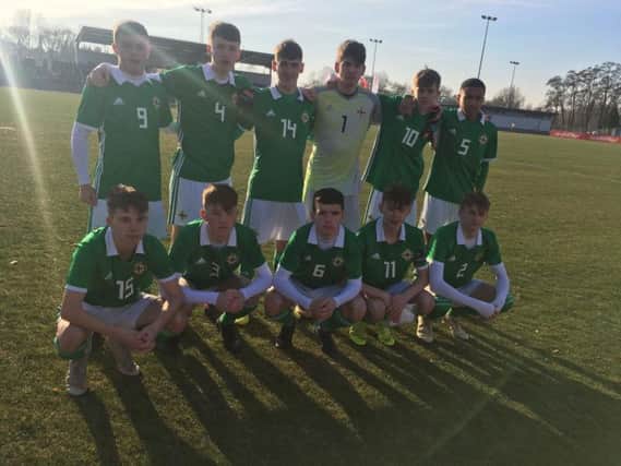 Northern Ireland Under-16s. Back row (Left to Right): Dale Taylor, Aaron Donnelly, Caolan McBride, Conner Byrne, Isaac Price, Shea Charles. Front row (Left to Right): Daryl Porter, Sean Stewart, Orrin McLaughlin, Conor Bradley (captain), Sean McAllister.