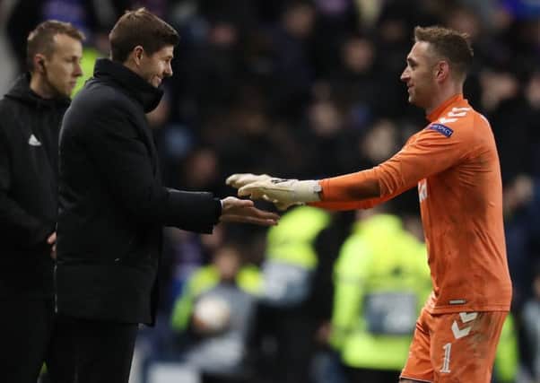 Rangers manager Steven Gerrard with Allan McGregor after the UEFA Europa League, Group G match at Ibrox