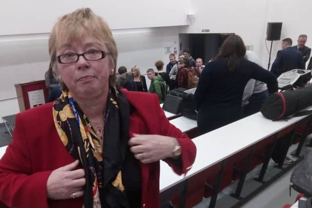 Anne Graham, sister of the murdered lawyer Edgar, at Queen's University in Belfast after Michelle O'Neill, northern leader of Sinn Fein, gave a talk, at the end of which Ms Graham asked Ms O'Neill if she condemned her brother's killing. Ms O'Neill sidestepped the question